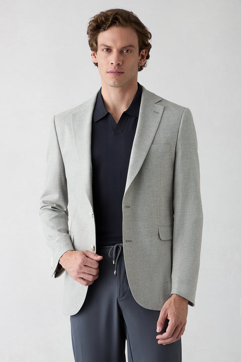 Mid-Grey 7-Drop Slim Fit Narrow Lapel Patterned Classic Linen Blend Jacket