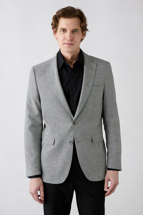 Medium Smoke 4-Drop Relaxed Fit Plain-Neck Patterned Classic Linen Blend Jacket