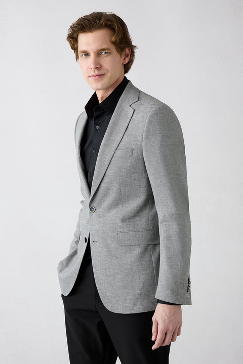 Medium Smoke 4-Drop Relaxed Fit Plain-Neck Patterned Classic Linen Blend Jacket