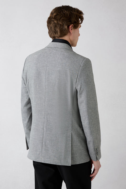 Medium Smoke 4-Drop Relaxed Fit Plain-Neck Patterned Classic Linen Blend Jacket