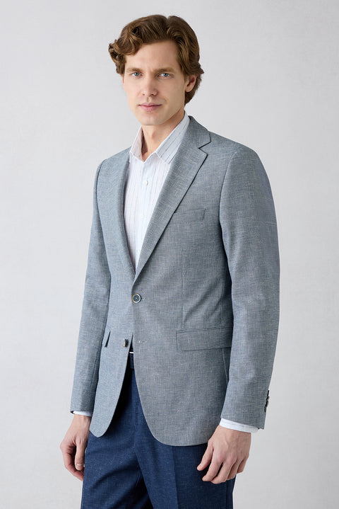 Light Blue 6-Drop Regular Fit Standard Cut Notch Lapel Patterned Classic Linen Blend Jacket