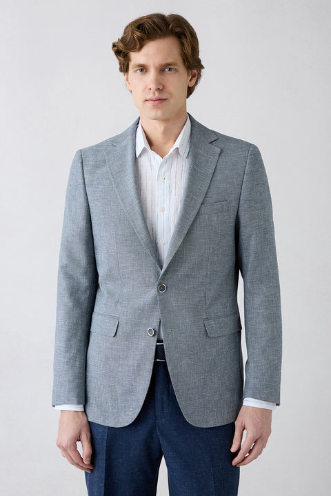 Light Blue 6-Drop Regular Fit Standard Cut Notch Lapel Patterned Classic Linen Blend Jacket