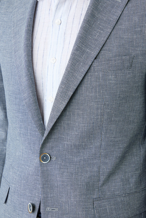 Light Blue 6-Drop Regular Fit Standard Cut Notch Lapel Patterned Classic Linen Blend Jacket