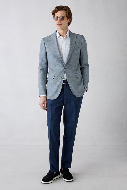 Light Blue 6-Drop Regular Fit Standard Cut Notch Lapel Patterned Classic Linen Blend Jacket