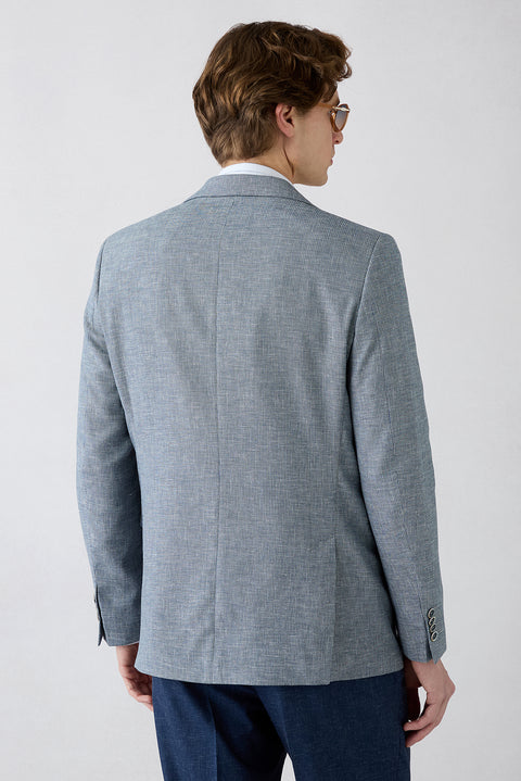 Light Blue 6-Drop Regular Fit Standard Cut Notch Lapel Patterned Classic Linen Blend Jacket