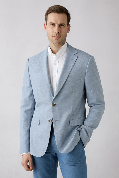 Light Blue 7 Drop Slim Fit Narrow Lapel Patterned Classic Linen Blend Jacket