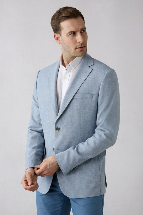 Light Blue 6 Drop Regular Fit Standard Cut Notch Lapel Patterned Classic Linen Blend Jacket