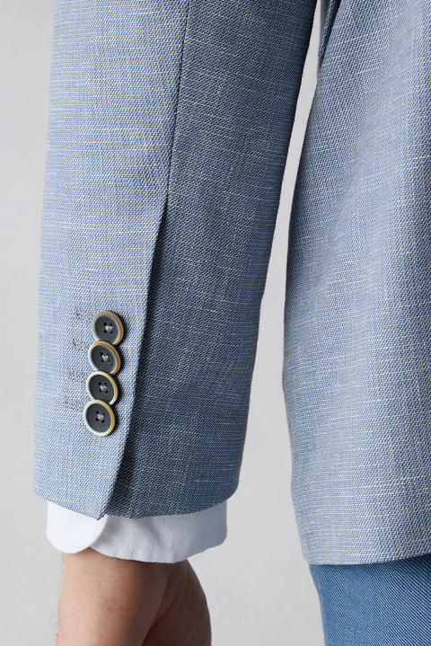 Light Blue 7 Drop Slim Fit Narrow Lapel Patterned Classic Linen Blend Jacket
