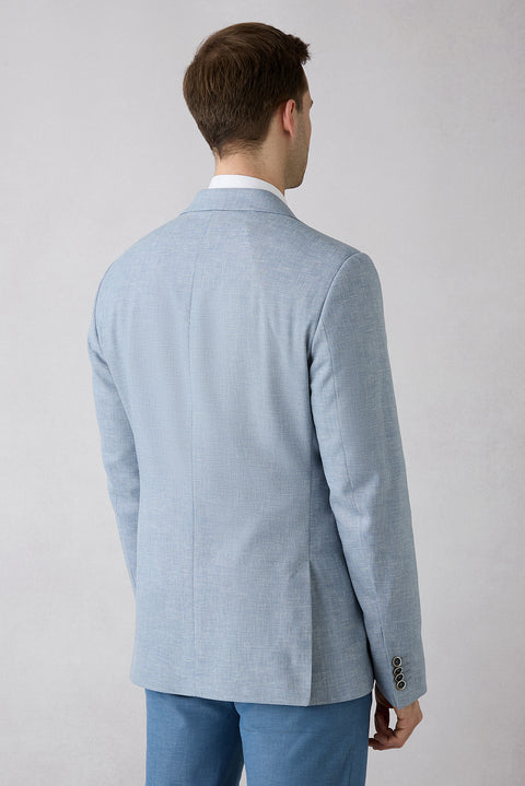 Light Blue 8 Drop Muscle Fit Long Athletic Cut Shawl Lapel Patterned Classic Linen Blend Jacket