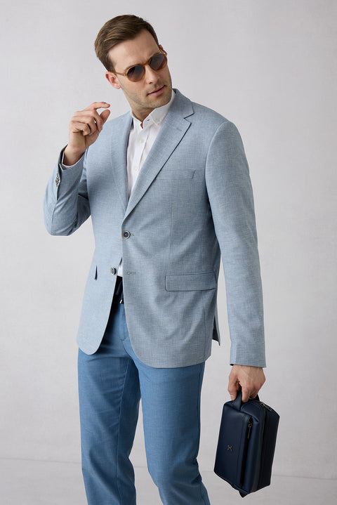 Light Blue 8 Drop Muscle Fit Long Athletic Cut Shawl Lapel Patterned Classic Linen Blend Jacket