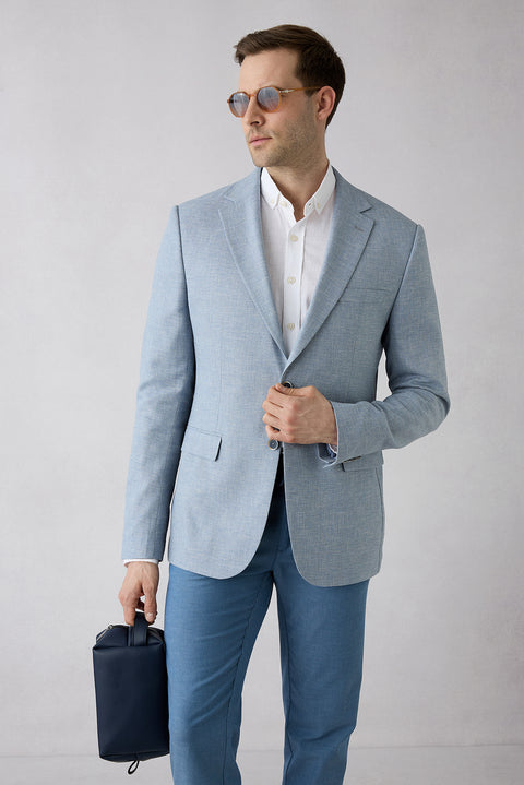 Light Blue 7 Drop Slim Fit Narrow Lapel Patterned Classic Linen Blend Jacket