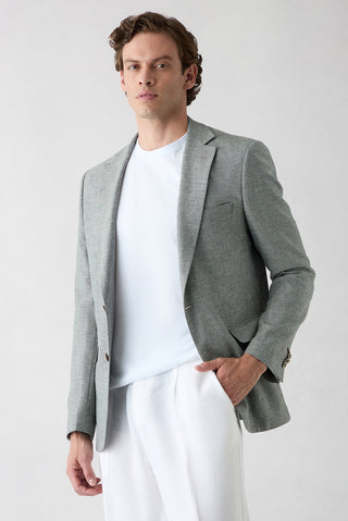  Koyu Yeşil 6 Drop Regular Fit Standart Kesim Mono Yaka Desenli Klasik Keten Karışımlı Ceket