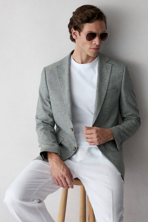 Dark Green 6 Drop Regular Fit Standard Cut Notch Lapel Patterned Classic Linen Blend Jacket