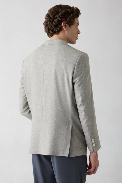 Açık Vizon 4 Drop Relaxed Fit Rahat Kesim Mono Yaka Desenli Klasik Keten Karışımlı Ceket