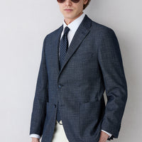 Dark Navy 8-Drop Muscle Fit Long Athletic Cut Notch Lapel Patch Pocket Patterned Jacket