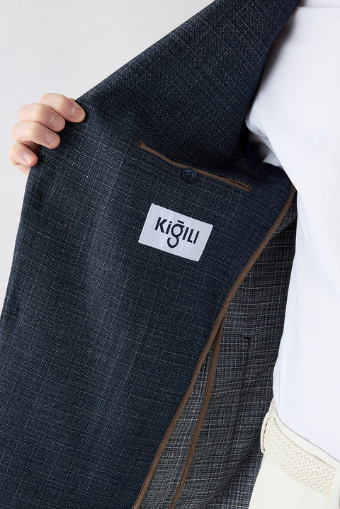Dark Navy 8-Drop Muscle Fit Long Athletic Cut Notch Lapel Patch Pocket Patterned Jacket