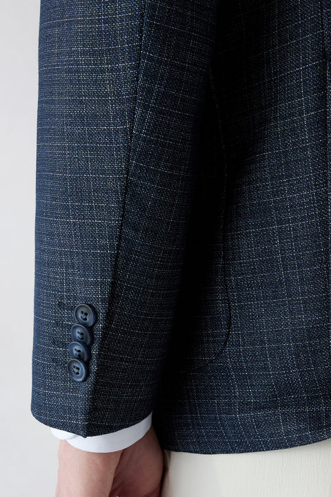 Dark Navy 8-Drop Muscle Fit Long Athletic Cut Notch Lapel Patch Pocket Patterned Jacket