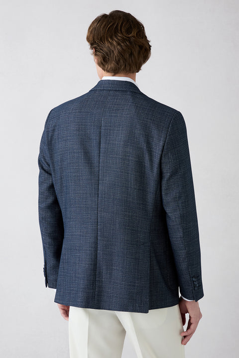 Dark Navy 8-Drop Muscle Fit Long Athletic Cut Notch Lapel Patch Pocket Patterned Jacket