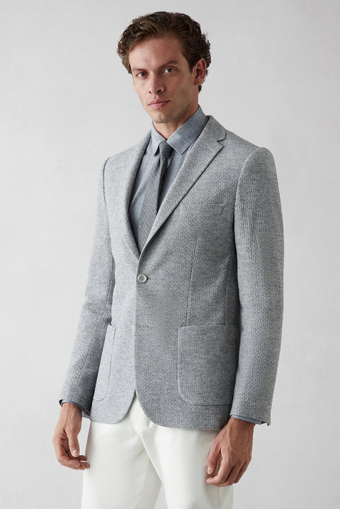 Medium Grey 7 Drop Slim Fit Narrow Cut Mono Collar Patch Pocket Linen Jacket