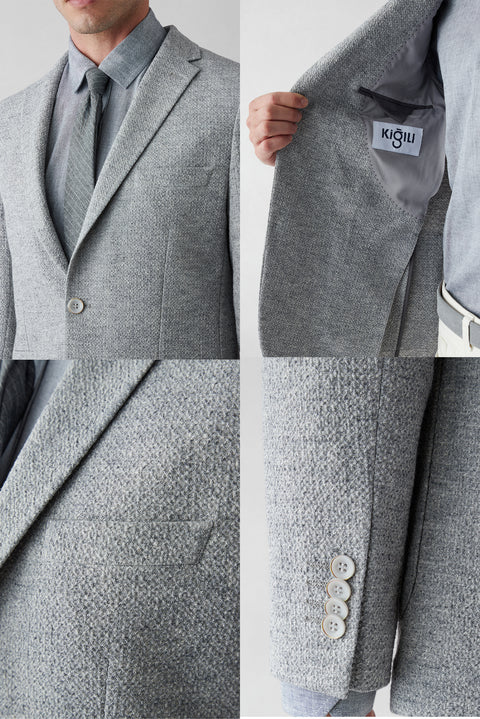 Medium Grey 7 Drop Slim Fit Narrow Cut Mono Collar Patch Pocket Linen Jacket
