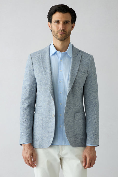 Light Blue 7 Drop Slim Fit Narrow Cut Mono Collar Patch Pocket Linen Jacket