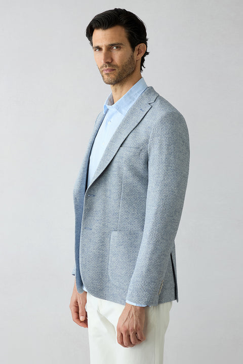 Light Blue 7 Drop Slim Fit Narrow Cut Mono Collar Patch Pocket Linen Jacket