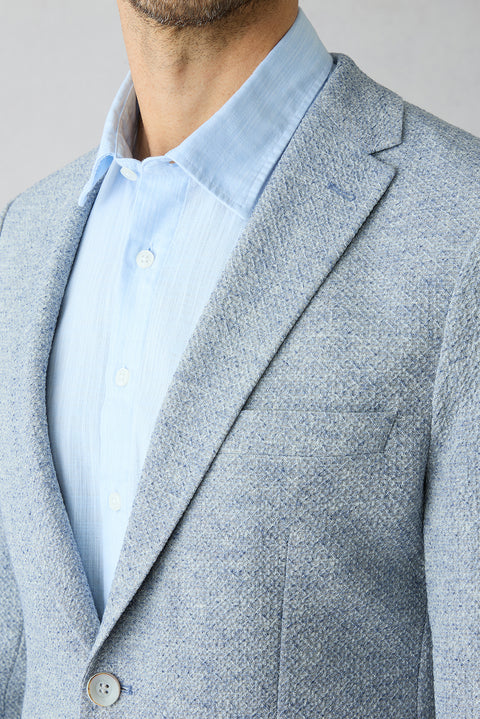 Light Blue 7 Drop Slim Fit Narrow Cut Mono Collar Patch Pocket Linen Jacket
