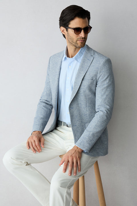 Light Blue 7 Drop Slim Fit Narrow Cut Mono Collar Patch Pocket Linen Jacket