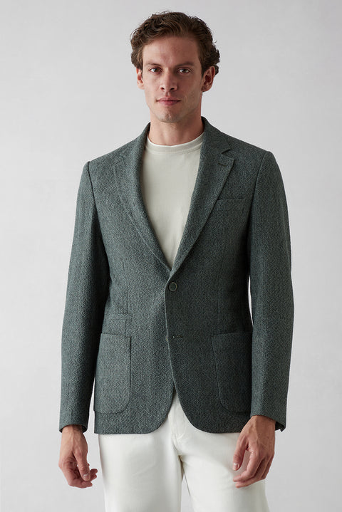 Dark Green 7 Drop Slim Fit Narrow Cut Mono Collar Patch Pocket Linen Jacket