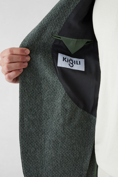 Dark Green 7 Drop Slim Fit Narrow Cut Mono Collar Patch Pocket Linen Jacket