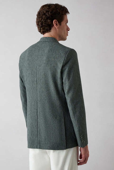 Dark Green 7 Drop Slim Fit Narrow Cut Mono Collar Patch Pocket Linen Jacket