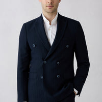 Mid-Navy 7 Drop Slim Fit Peaked Lapel Striped Double-Breasted Jacket