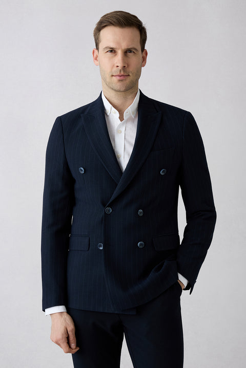 Mid-Navy 7 Drop Slim Fit Peaked Lapel Striped Double-Breasted Jacket
