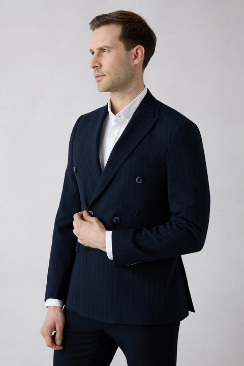 Mid-Navy 7 Drop Slim Fit Peaked Lapel Striped Double-Breasted Jacket