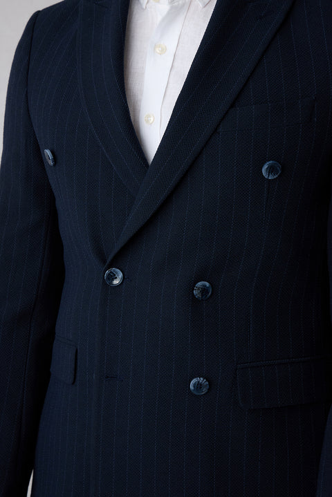 Mid-Navy 7 Drop Slim Fit Peaked Lapel Striped Double-Breasted Jacket
