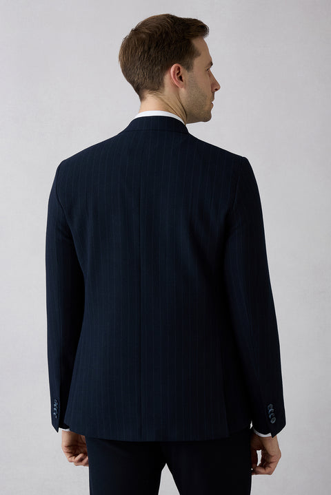 Mid-Navy 7 Drop Slim Fit Peaked Lapel Striped Double-Breasted Jacket