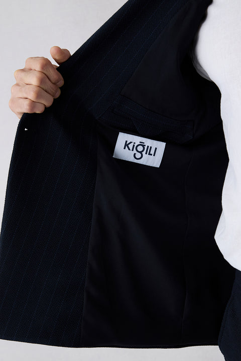 Mid-Navy 7 Drop Slim Fit Peaked Lapel Striped Double-Breasted Jacket