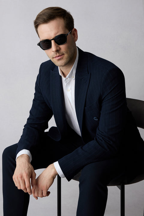 Mid-Navy 7 Drop Slim Fit Peaked Lapel Striped Double-Breasted Jacket