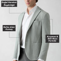 Orta Gri Techno-Line 7 Drop Slim Fit Dar Kesim Mono Yaka Keten Karışımlı Çizgili Çantalı Esnek Ceket