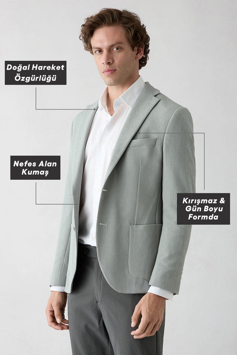 Orta Gri Techno-Line 7 Drop Slim Fit Dar Kesim Mono Yaka Keten Karışımlı Çizgili Çantalı Esnek Ceket