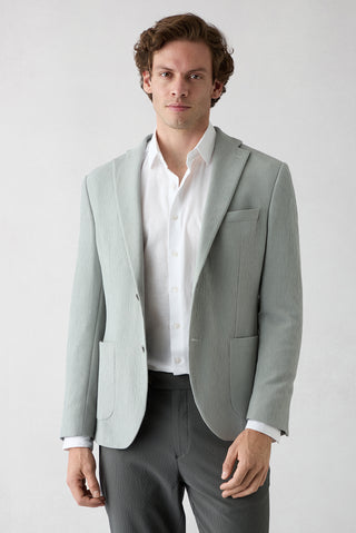  Orta Gri Techno-Line 7 Drop Slim Fit Dar Kesim Mono Yaka Keten Karışımlı Çizgili Çantalı Esnek Ceket