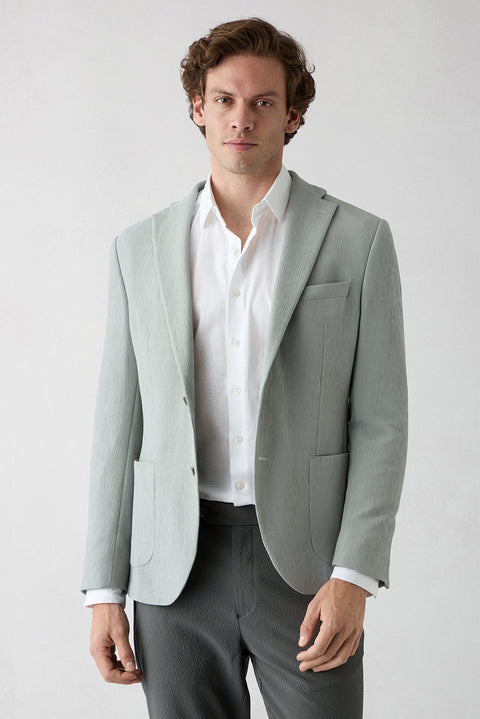 Orta Gri Techno-Line 7 Drop Slim Fit Dar Kesim Mono Yaka Keten Karışımlı Çizgili Çantalı Esnek Ceket