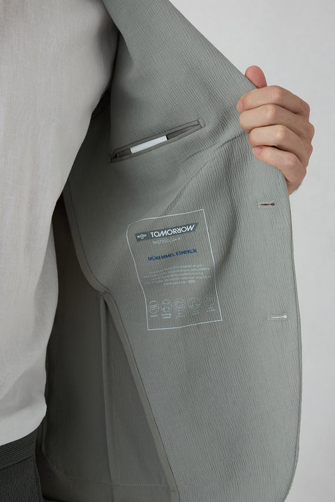 Orta Gri Techno-Line 7 Drop Slim Fit Dar Kesim Mono Yaka Keten Karışımlı Çizgili Çantalı Esnek Ceket