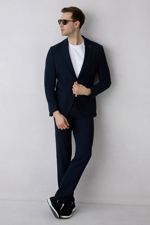 Koyu Lacivert Techno-Line 7 Drop Slim Fit Dar Kesim Mono Yaka Keten Karışımlı Çizgili Çantalı Esnek Ceket