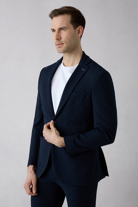 Koyu Lacivert Techno-Line 7 Drop Slim Fit Dar Kesim Mono Yaka Keten Karışımlı Çizgili Çantalı Esnek Ceket