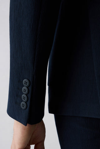  Koyu Lacivert Techno-Line 7 Drop Slim Fit Dar Kesim Mono Yaka Keten Karışımlı Çizgili Çantalı Esnek Ceket