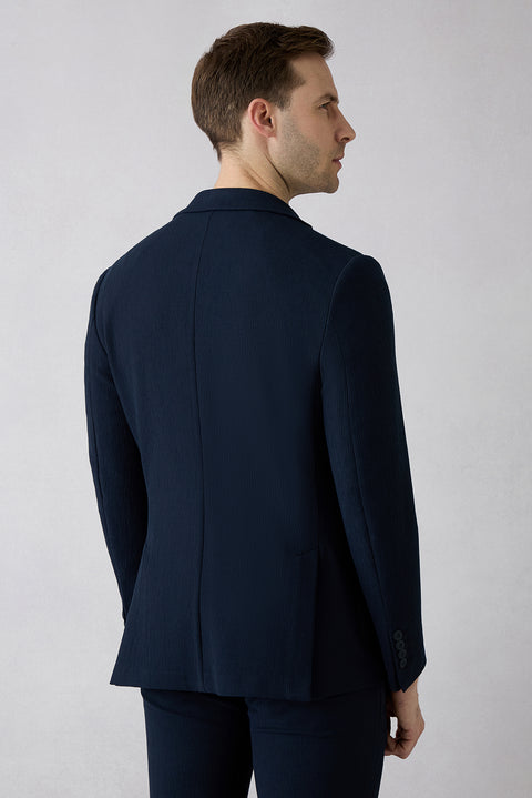 Koyu Lacivert Techno-Line 7 Drop Slim Fit Dar Kesim Mono Yaka Keten Karışımlı Çizgili Çantalı Esnek Ceket