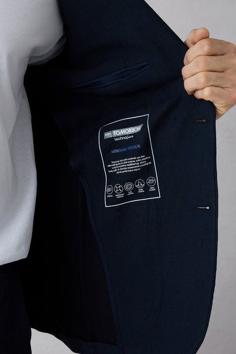 Koyu Lacivert Techno-Line 7 Drop Slim Fit Dar Kesim Mono Yaka Keten Karışımlı Çizgili Çantalı Esnek Ceket