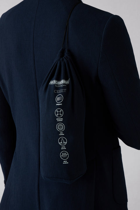 Koyu Lacivert Techno-Line 7 Drop Slim Fit Dar Kesim Mono Yaka Keten Karışımlı Çizgili Çantalı Esnek Ceket