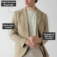 Orta Vizon Techno-Line 7 Drop Slim Fit Dar Kesim Mono Yaka Keten Karışımlı Çizgili Çantalı Esnek Ceket
